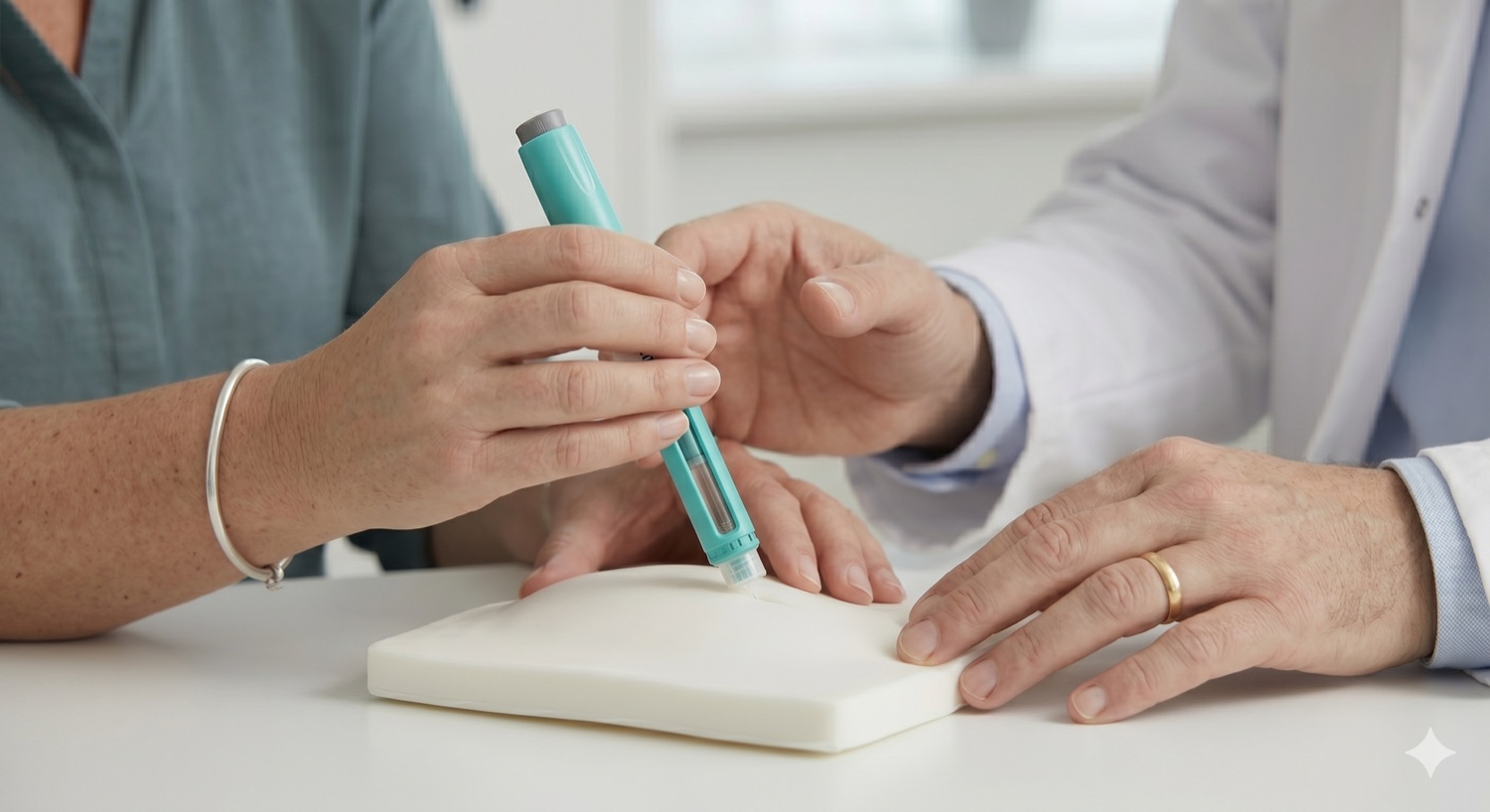 Behandelaar begeleidt iemand bij het zetten van een injectie