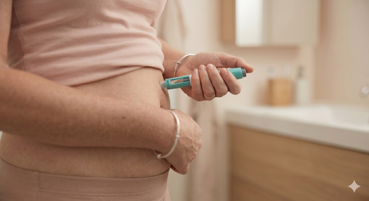Iemand zet zelf een injectie met een afvalmedicijn-pen