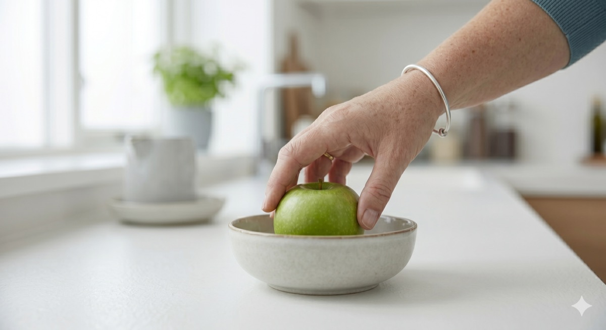 Hand pakt een groene appel uit een schaal op het aanrecht